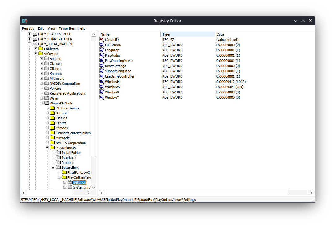 Registry Editor is open to the following key: Computer\HKEY_LOCAL_MACHINE\SOFTWARE\WOW6432Node\PlayOnlineUS\SquareEnix\PlayOnlineViewer\Settings