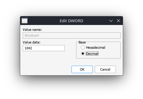 Popup Window for editing registry value. The value name is WindowH, the value data is 1042 (this is a typo, is should be 480) and the selected option inside base is Decimal.