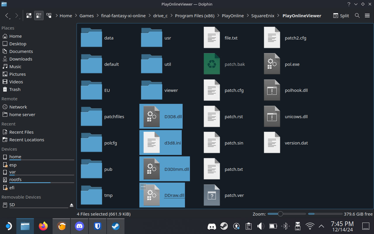 A view of the PlayOnlineViewer folder with the following files selected: D3D8.dll, d3d8.ini, D3DImm.dll and DDraw.dll