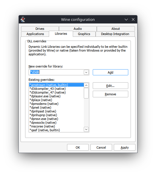 A screenshot of the Wine configuration window with the Libraries tab selected. There is a description of what the DLL overrides list does and inside the dropdown box below "New override for library:" *d3d8 is written into the dropdown menu.