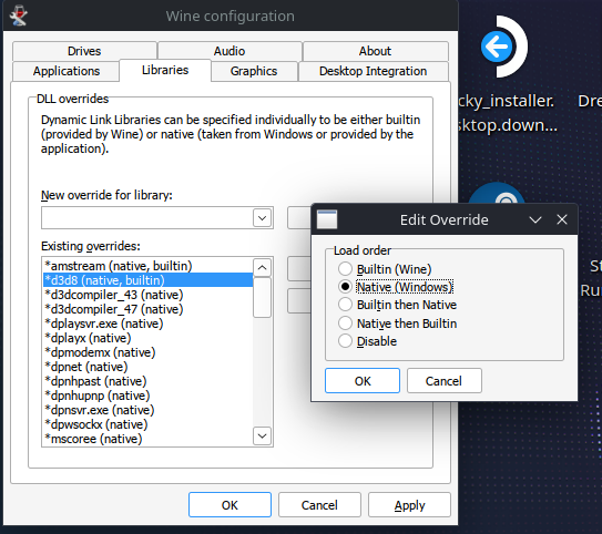 A screenshot of the Wine configuration window with the Libraries tab selected. Overlayed on top of this is a smaller window with the title Edit Override. There is a box inside with the title Load order and a set of 5 options where only one option can be selected between them: Builtin (Wine), Native (Windows), Builtin then Native, Native then Builtin and Disable. Native (Windows) is the selected option.