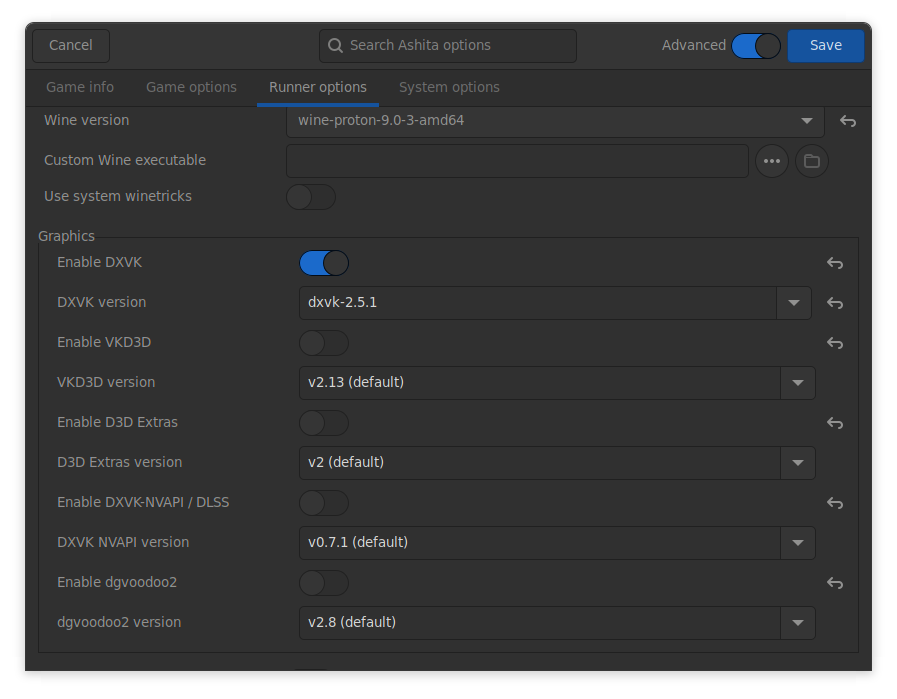 Lutris runner options settings window for the wine version wine-proton-9.0-3-amd64. There is a group of options called graphics and some checkboxes. The only enabled checkbox is for DXVK. The DXVK version here is dxvk-2.5.1