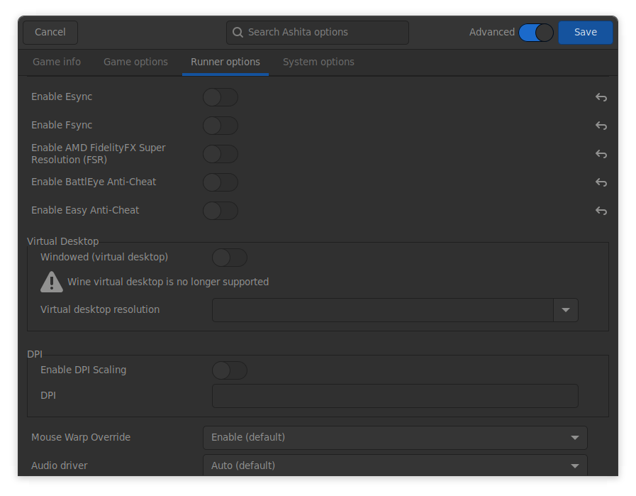 Lutris runner options settings window for the wine version wine-proton-9.0-3-amd64. There are multiple checkboxes for options which are all disabled.
